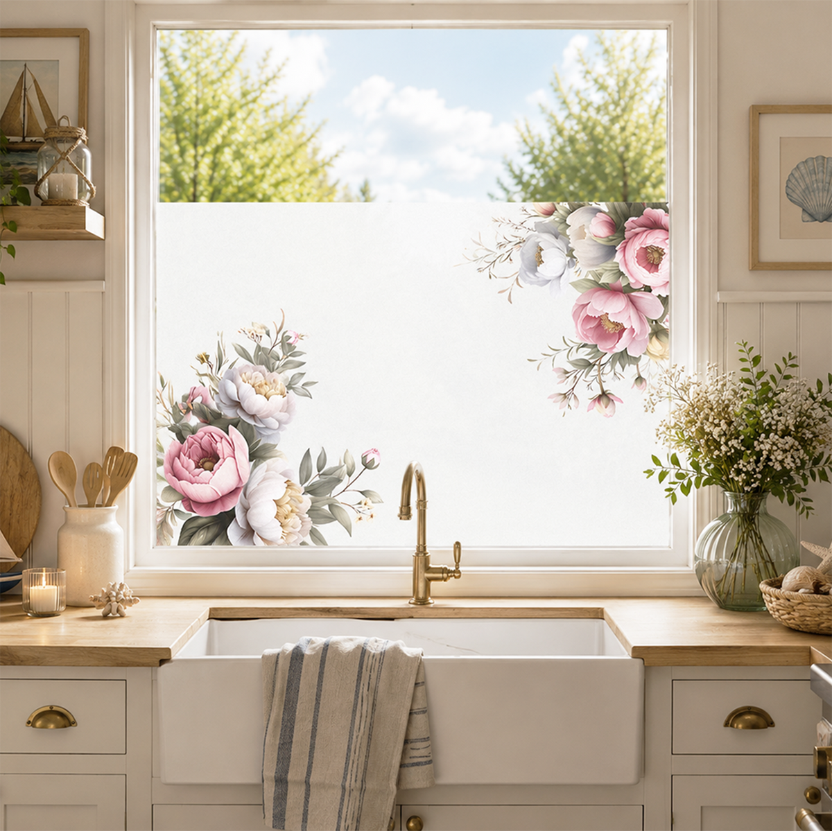 Blumenmotiv in sanften Farben am Küchenfenster.