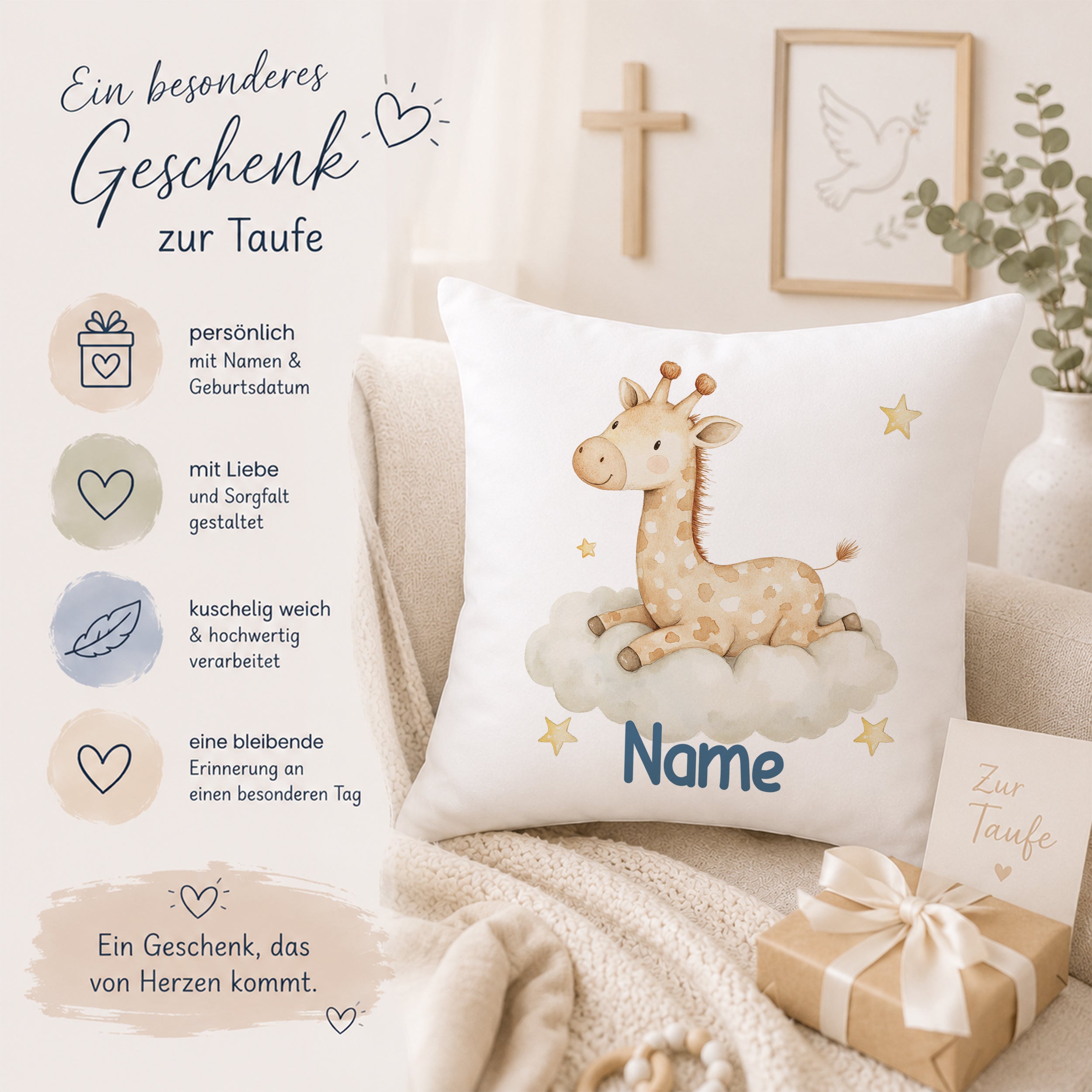 Kissen mit Giraffe, personalisierbar, beige und weiß.