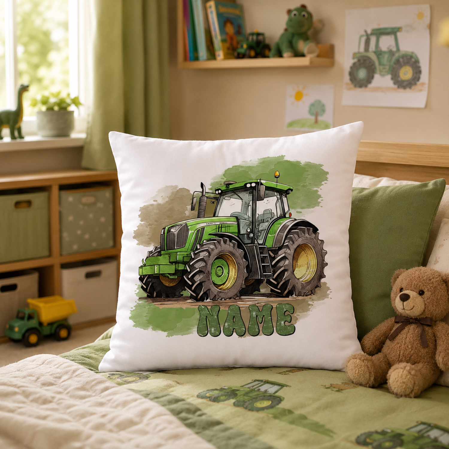 Kissen Trecker mit Namen personalisiert, Traktor in grün