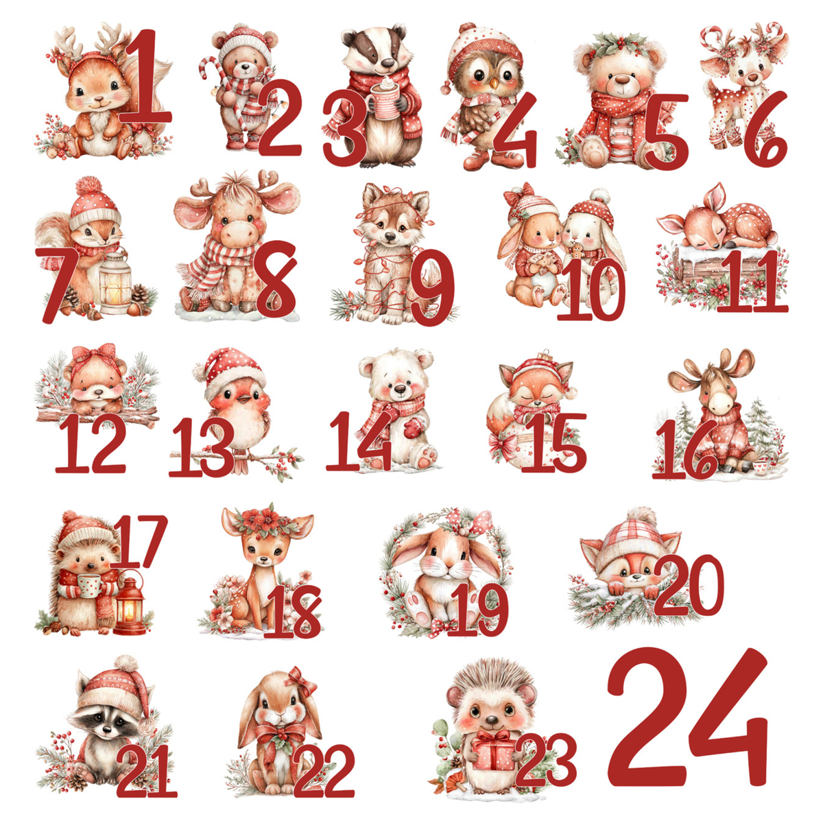 Adventskalender Waldtiere in Rot