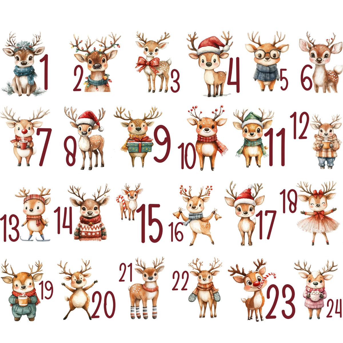 24 Bügelbilder mit nummerierten Weihnachtsrentieren für einen Adventskalender
