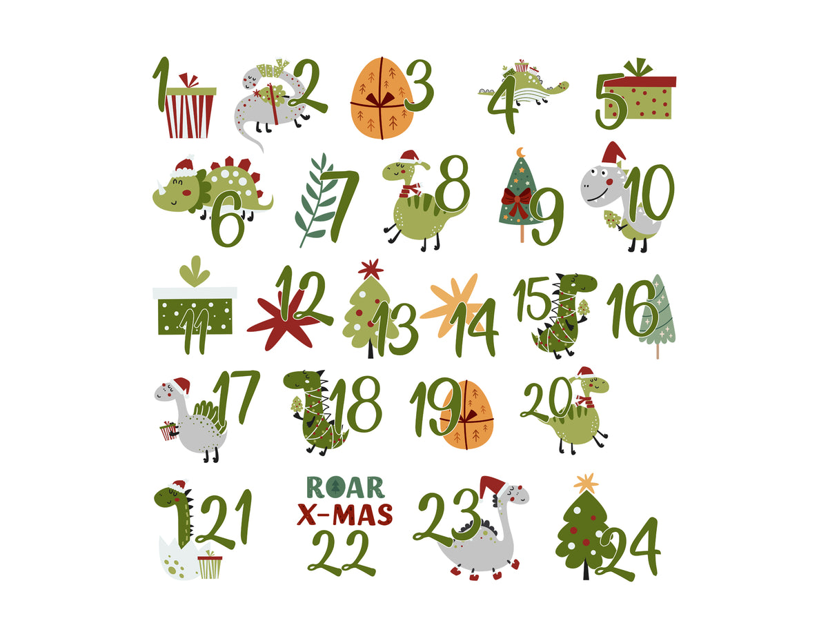 24 Bügelbilder mit Dinosauriern, Geschenken und Zahlen von 1 bis 24 für einen Adventskalender