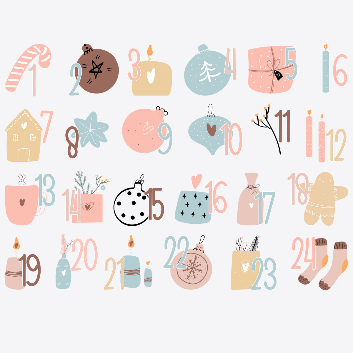 24 Adventskalender-Bügelbilder mit pastellfarbenen Weihnachtsmotiven und Zahlen 1 bis 24