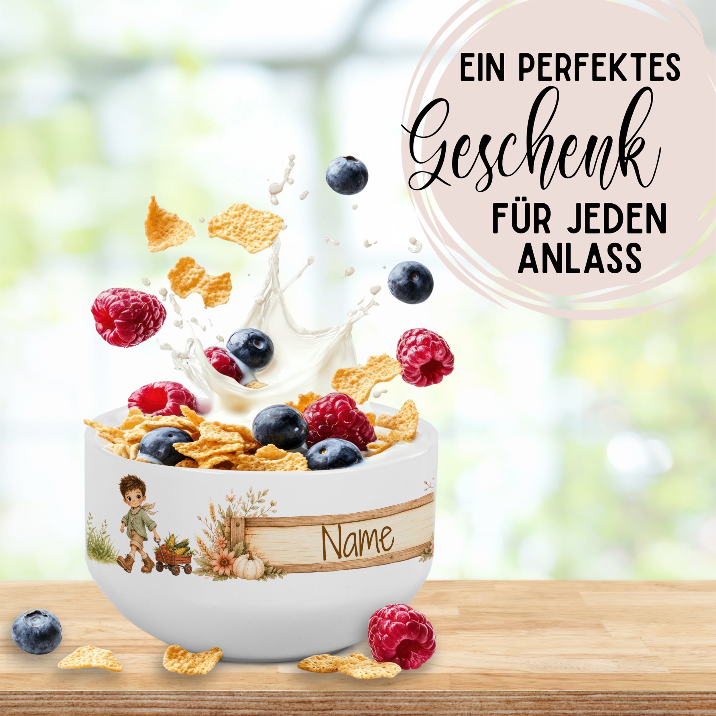 Personalisierte Müslischale mit herbstlichem Bauernhofmotiv und Wunschname als Geschenkidee