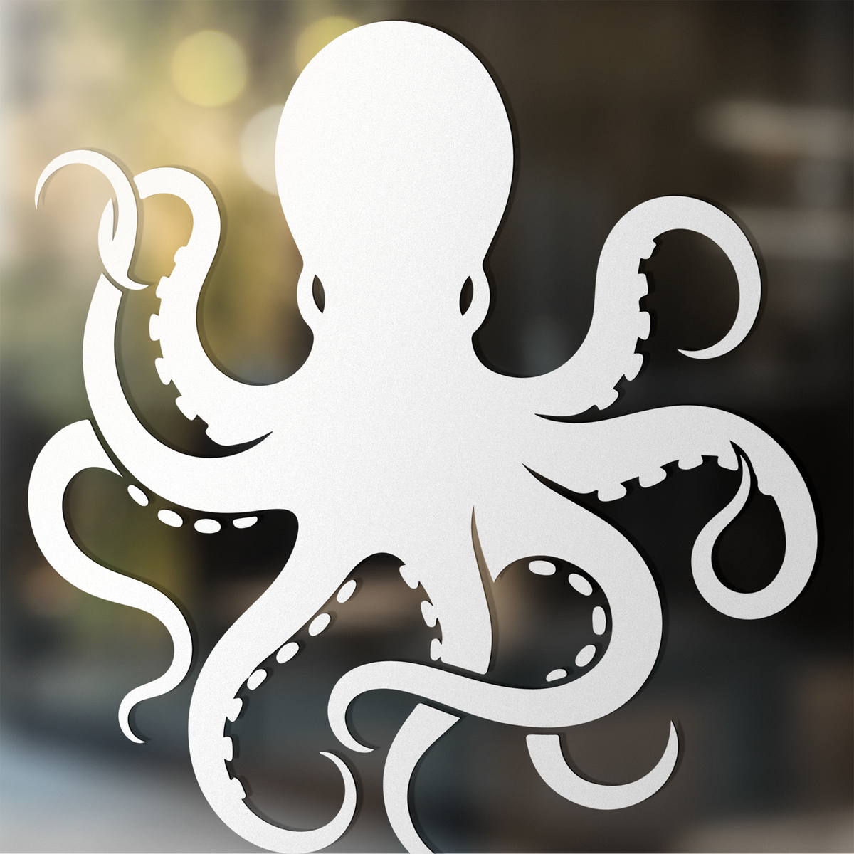 Weißer Oktopus mit geschwungenen Tentakeln auf Glas.