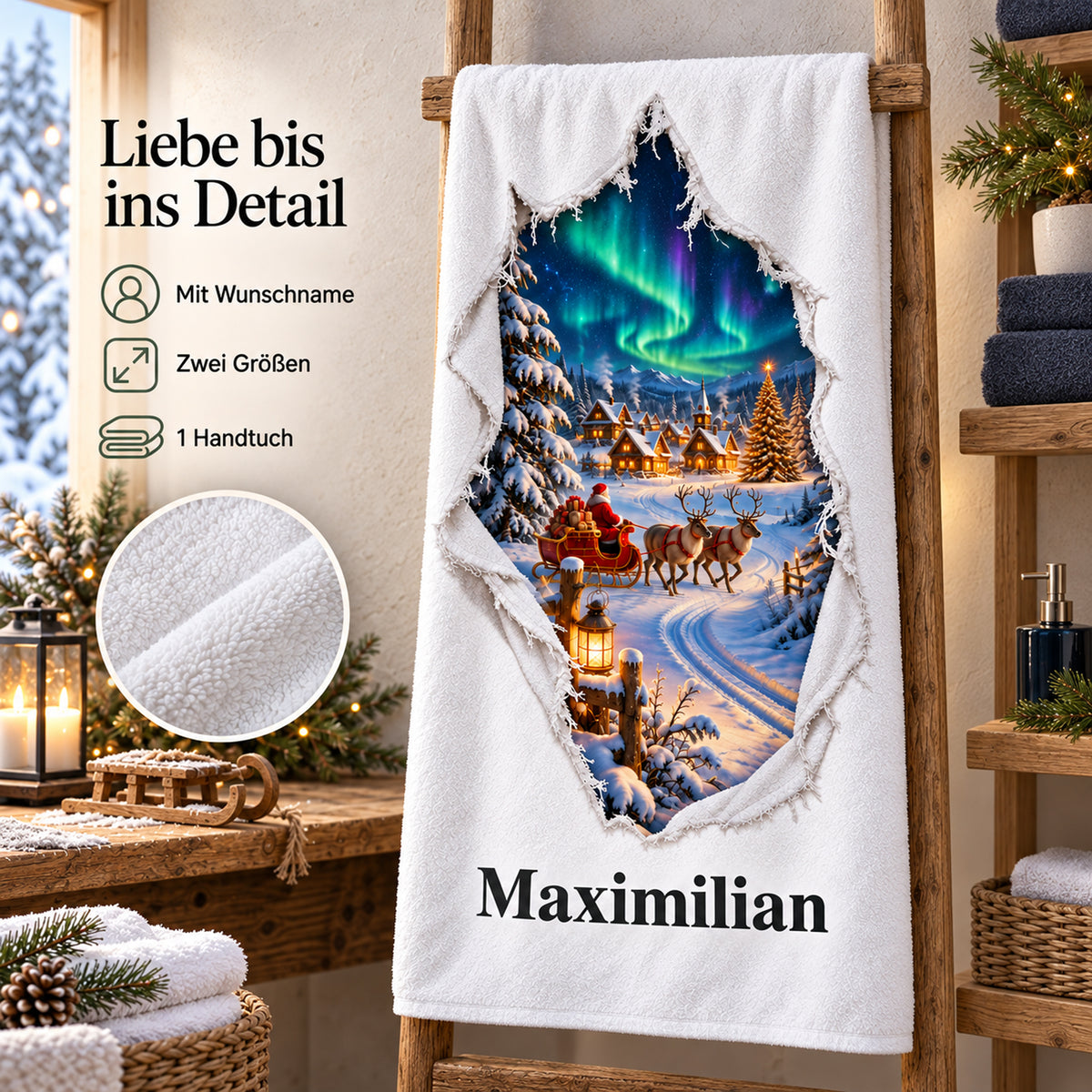 Weißes personalisiertes Handtuch mit Nordpolportal-Motiv im gedruckten Stoffriss-Design mit einem Materialdetail und Hinweisen zu Wunschname, Größenwahl und Lieferumfang.