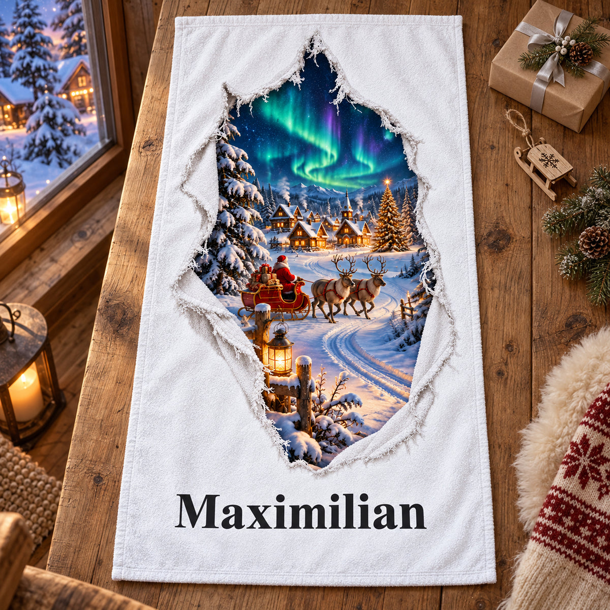 Weißes personalisiertes Handtuch mit Nordpolportal-Motiv im gedruckten Stoffriss-Design in einer weihnachtlichen Geschenkszene.