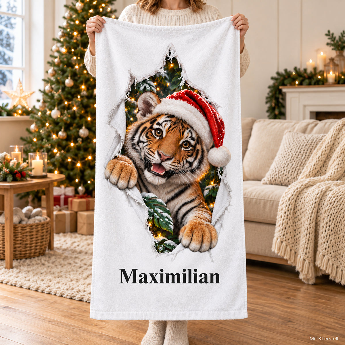 Weißes personalisiertes Handtuch mit Weihnachtstiger-Motiv im gedruckten Stoffriss-Design in einer Nutzungsszene mit erwachsenen Händen.