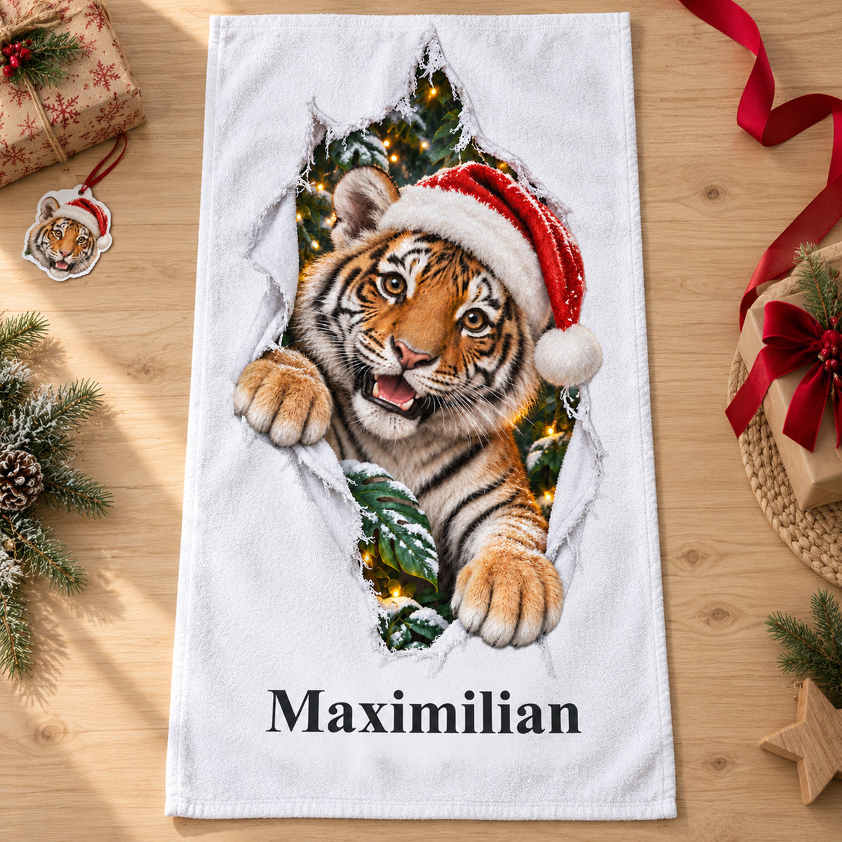 Weißes personalisiertes Handtuch mit Weihnachtstiger-Motiv im gedruckten Stoffriss-Design in einer weihnachtlichen Geschenkszene.
