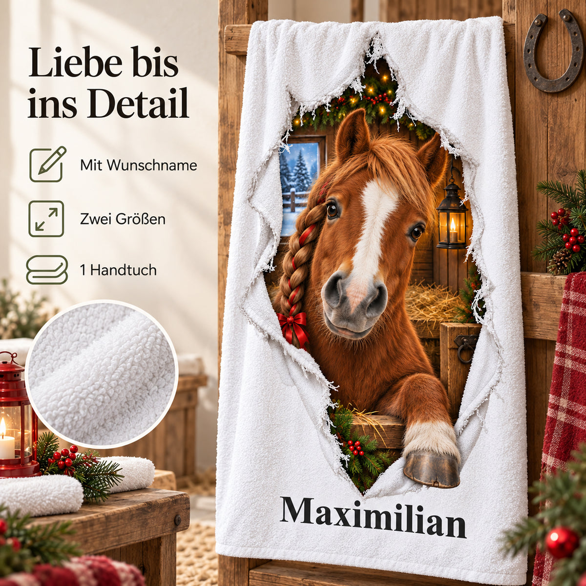 Weißes personalisiertes Handtuch mit Weihnachtspony-Motiv im gedruckten Stoffriss-Design mit einem Materialdetail und Hinweisen zu Wunschname, Größenwahl und Lieferumfang.
