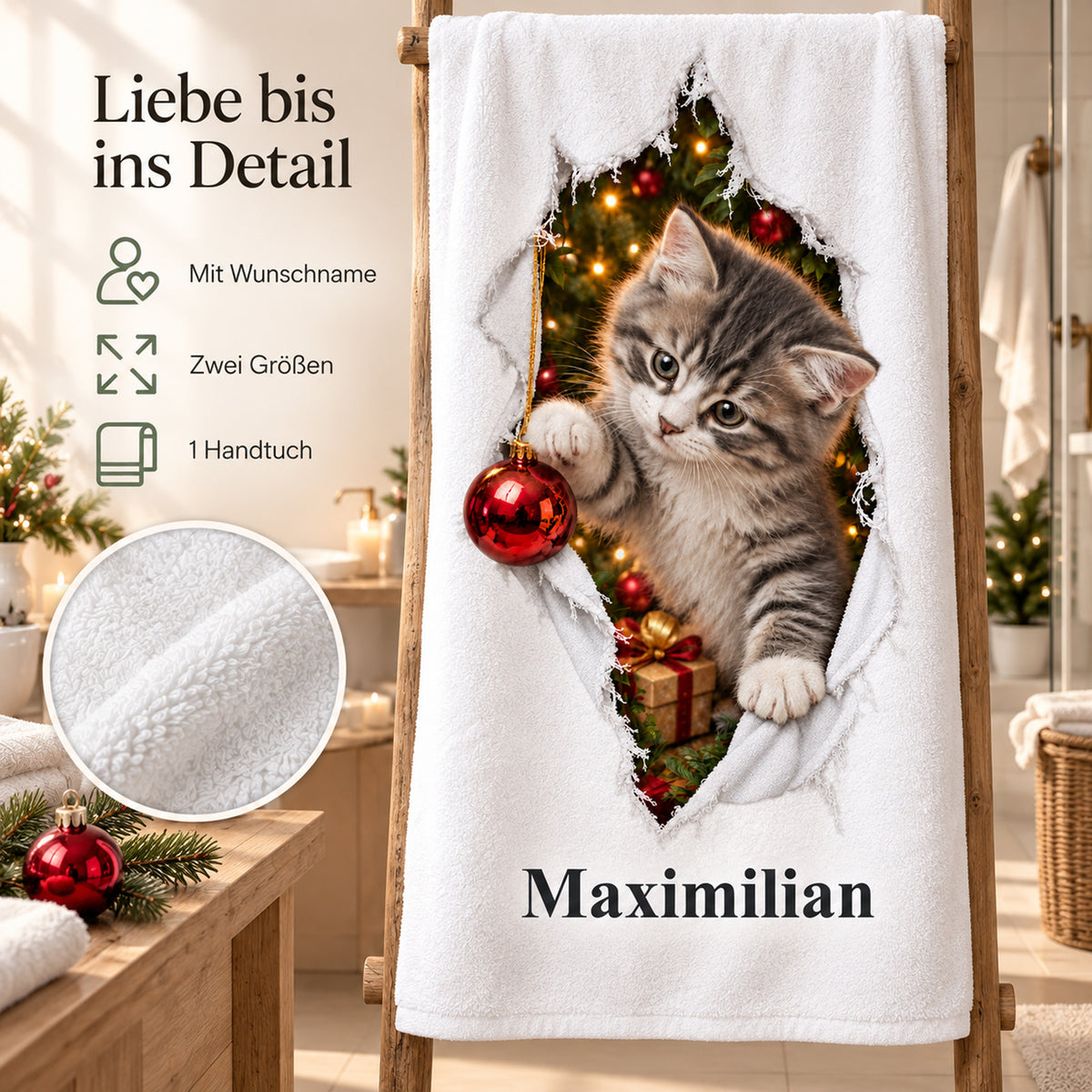 Weißes personalisiertes Handtuch mit Weihnachtskätzchen-Motiv im gedruckten Stoffriss-Design mit einem Materialdetail und Hinweisen zu Wunschname, Größenwahl und Lieferumfang.