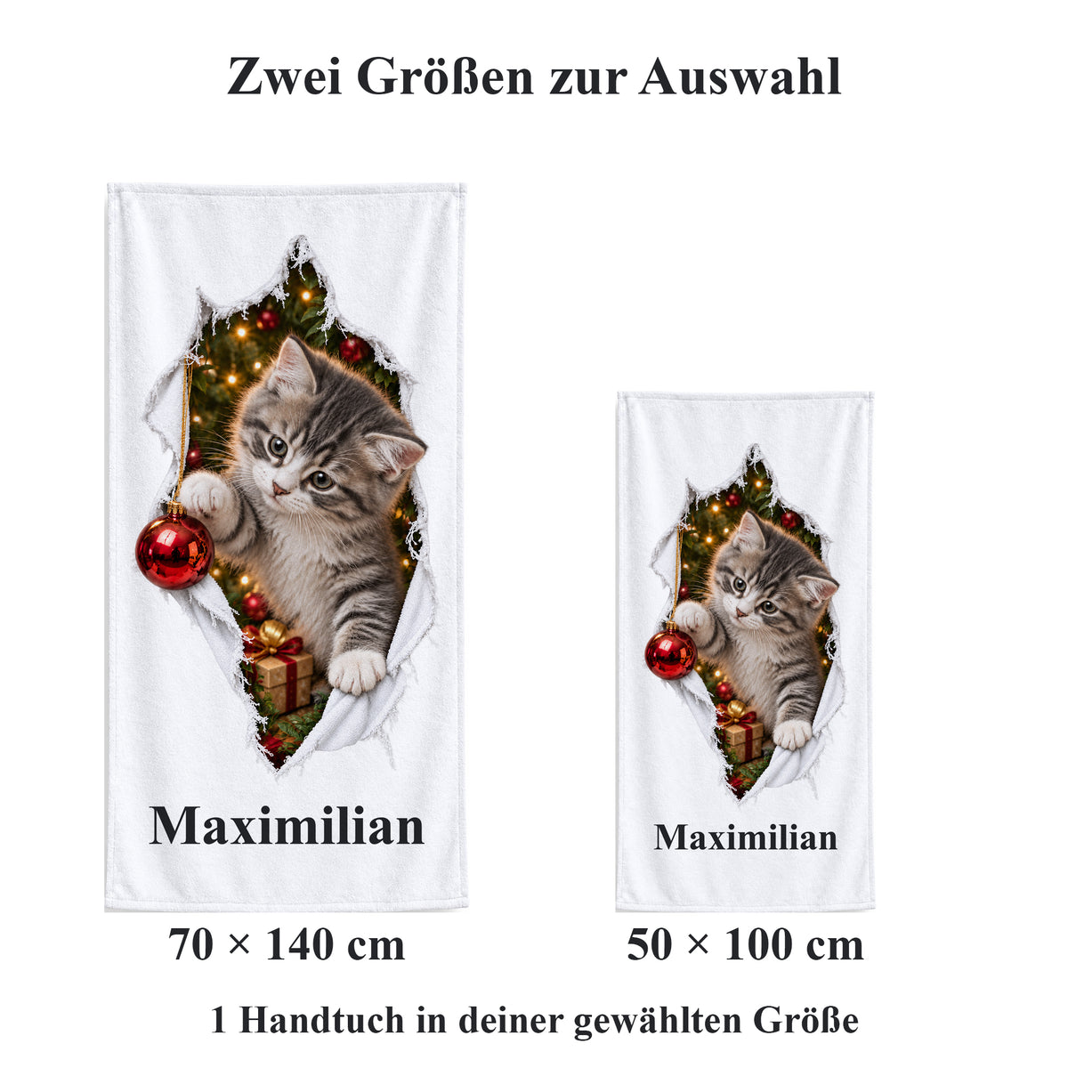 Weißes personalisiertes Handtuch mit Weihnachtskätzchen-Motiv im gedruckten Stoffriss-Design im maßstäblichen Vergleich der zwei wählbaren Größen.