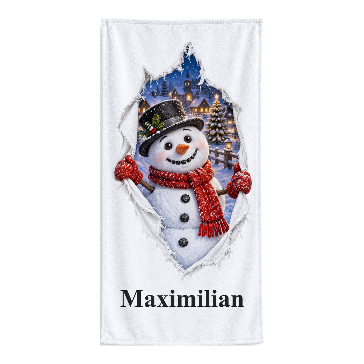 Weißes personalisiertes Handtuch mit Schneemann-Motiv im gedruckten Stoffriss-Design freigestellt vor weißem Hintergrund.