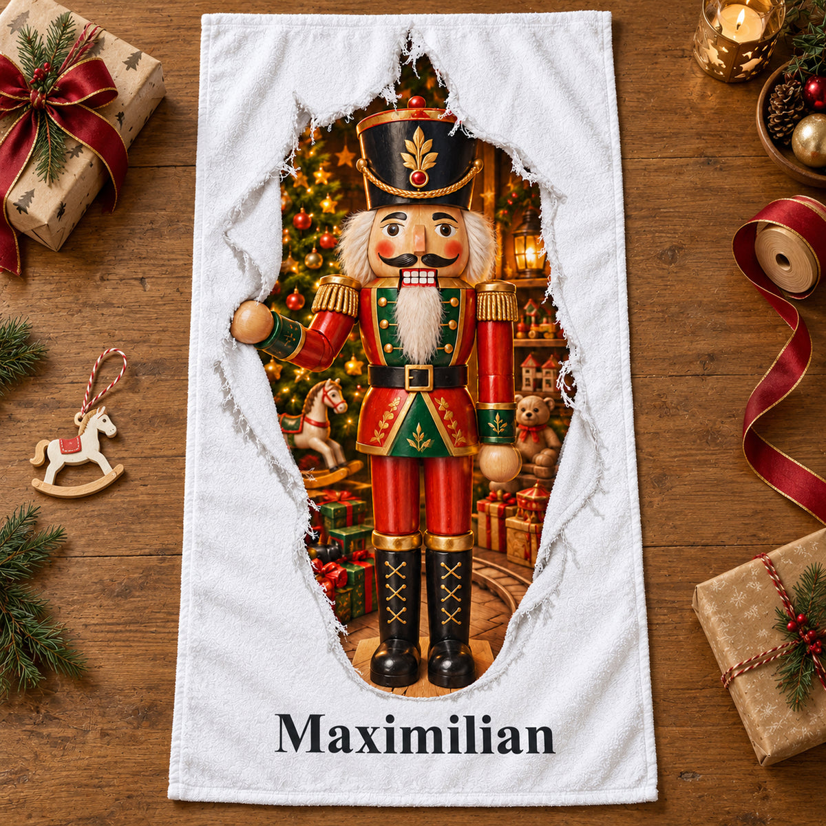 Weißes personalisiertes Handtuch mit Nussknacker-Spielzeugwelt-Motiv im gedruckten Stoffriss-Design in einer weihnachtlichen Geschenkszene.