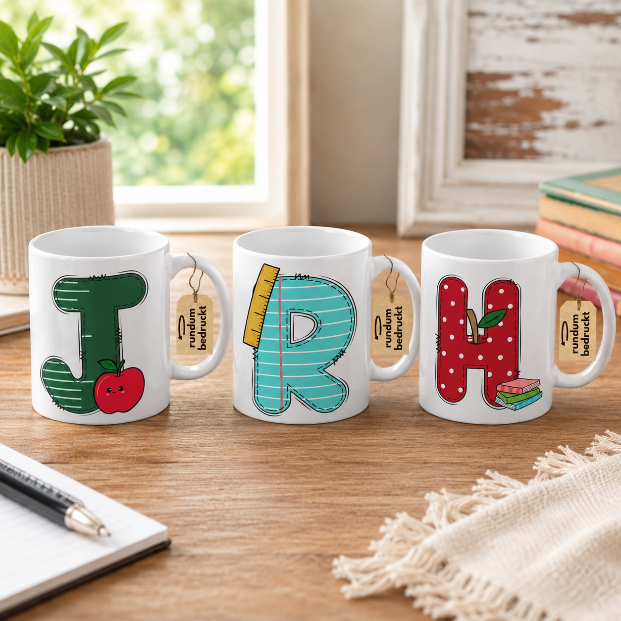 Bunte Tassen mit Buchstaben J, R und H.