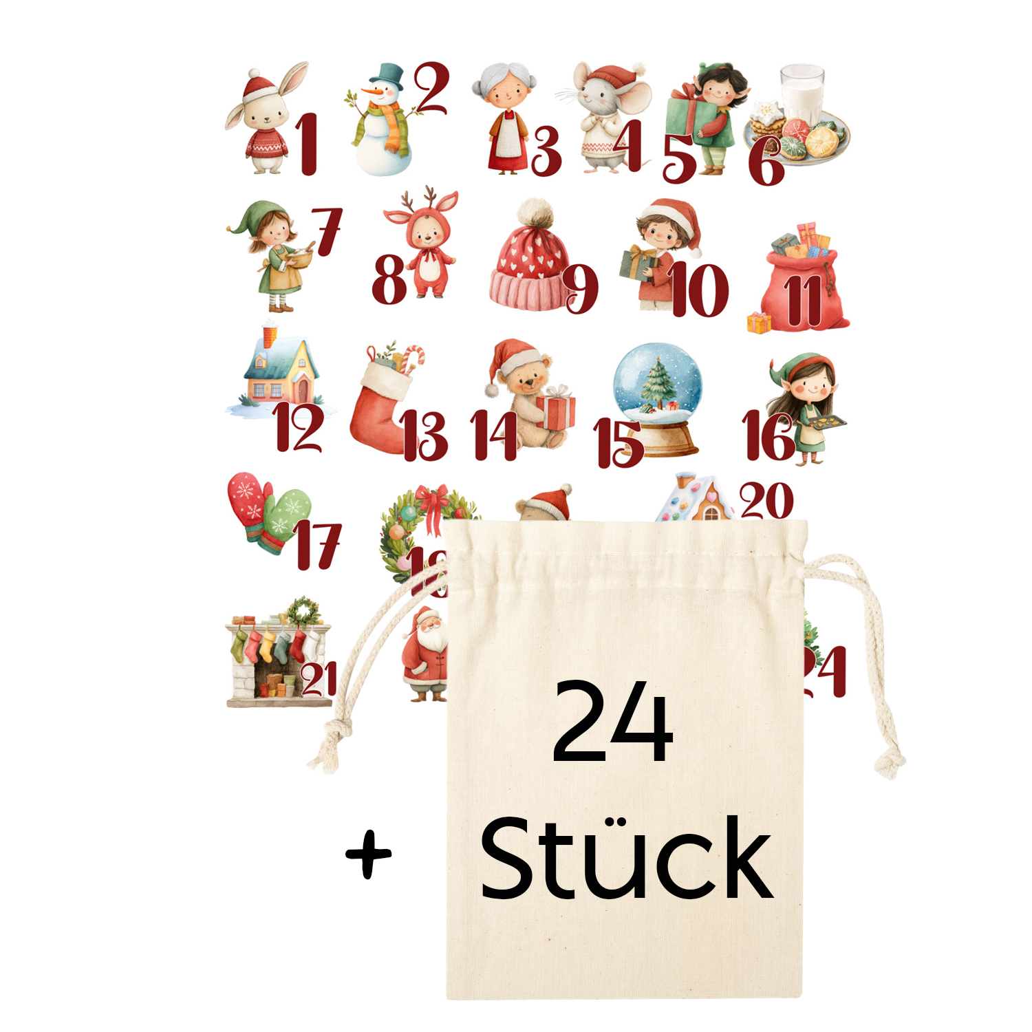 Adventskalender mit 24 Teilen, bunt und weihnachtlich.