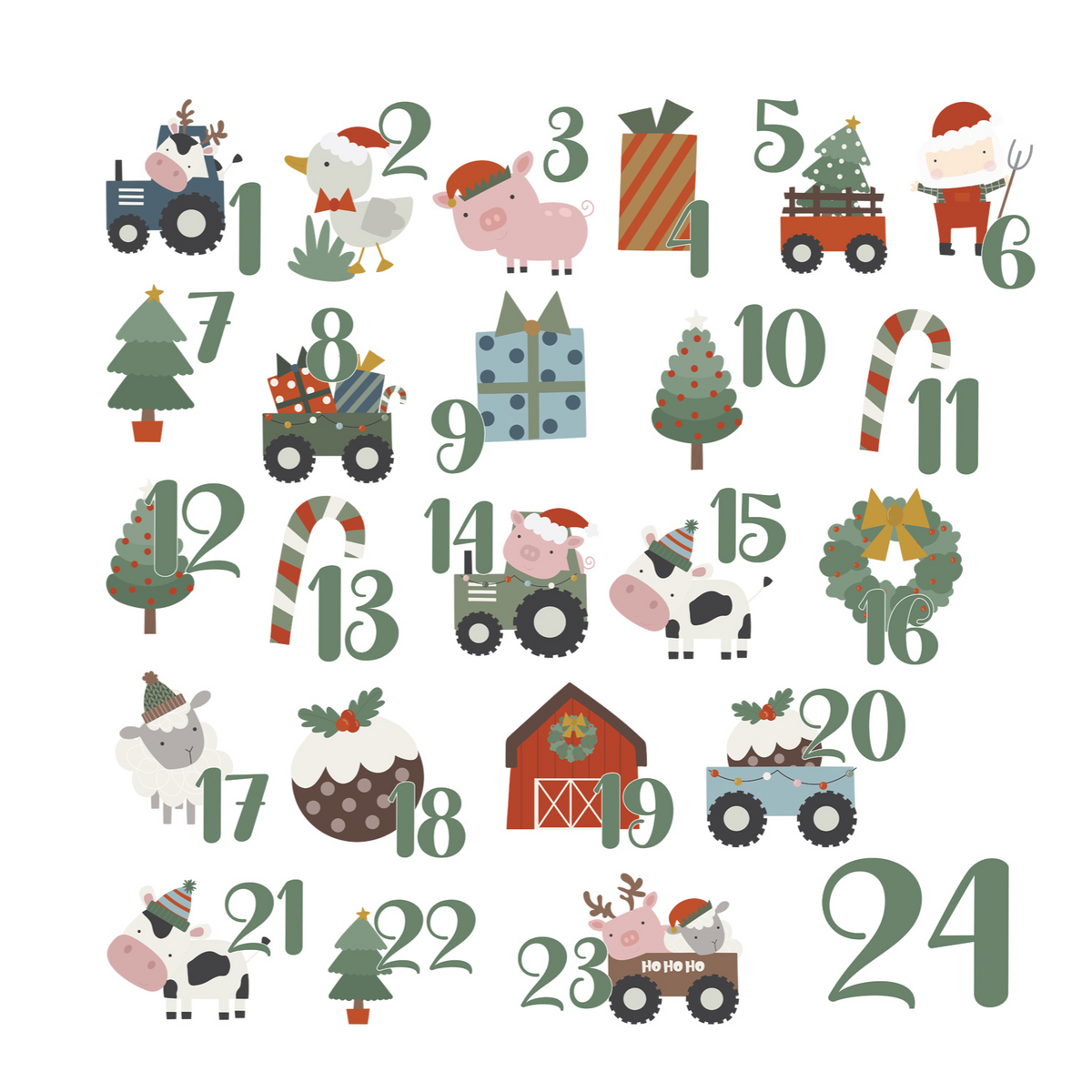 Weihnachtlicher Adventskalender mit Tieren und Geschenken.
