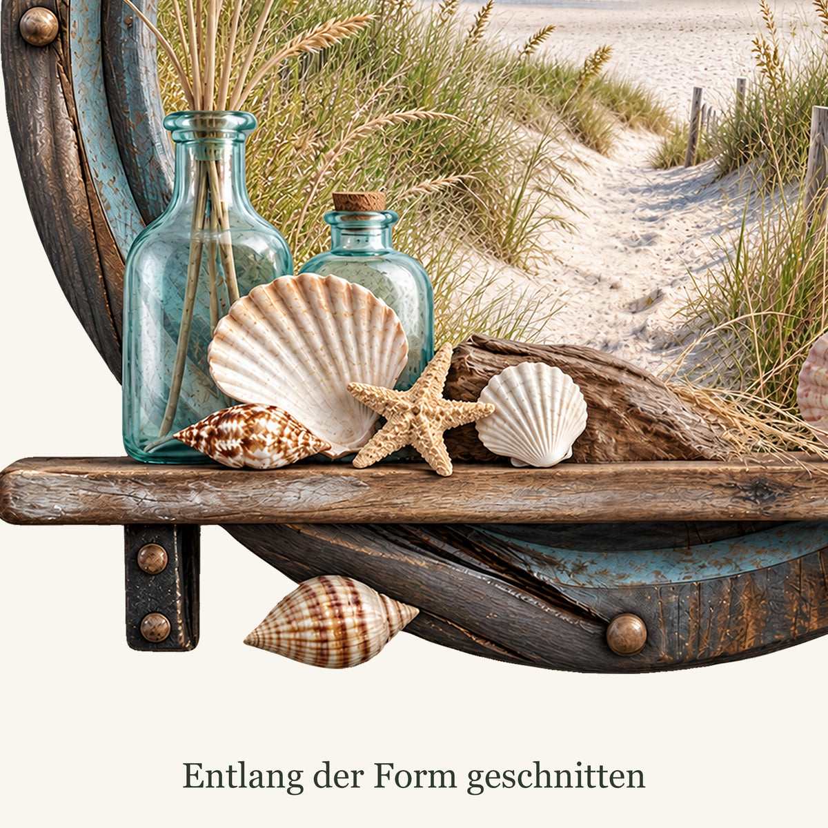 Detail der ausgeschnittenen Außenkontur am Bullaugen-Wandtattoo Dünenstrand.