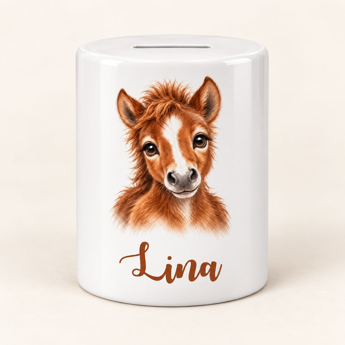 Spardose Pferd mit Beispielname Lina: Vorderseite