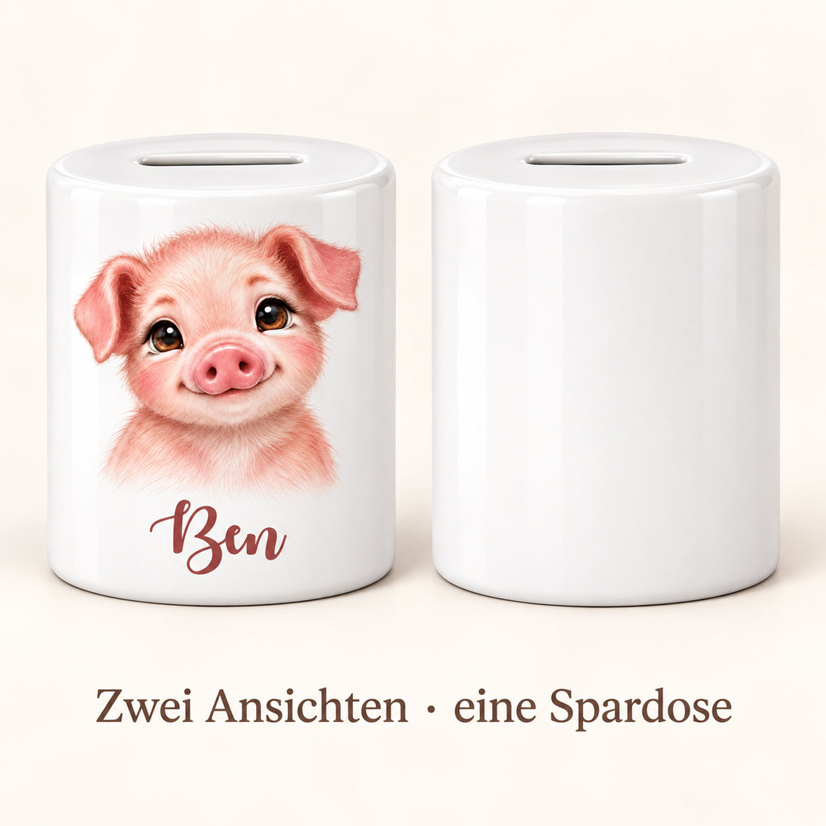 Spardose Schwein mit Beispielname Ben: Zwei Ansichten