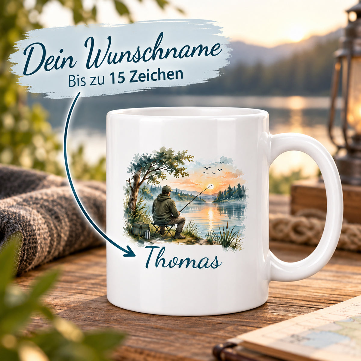 Angler-Tasse mit Namen – Mein Lieblingsplatz ist am Wasser – Personalisierung mit Wunschname bis zu 15 Zeichen