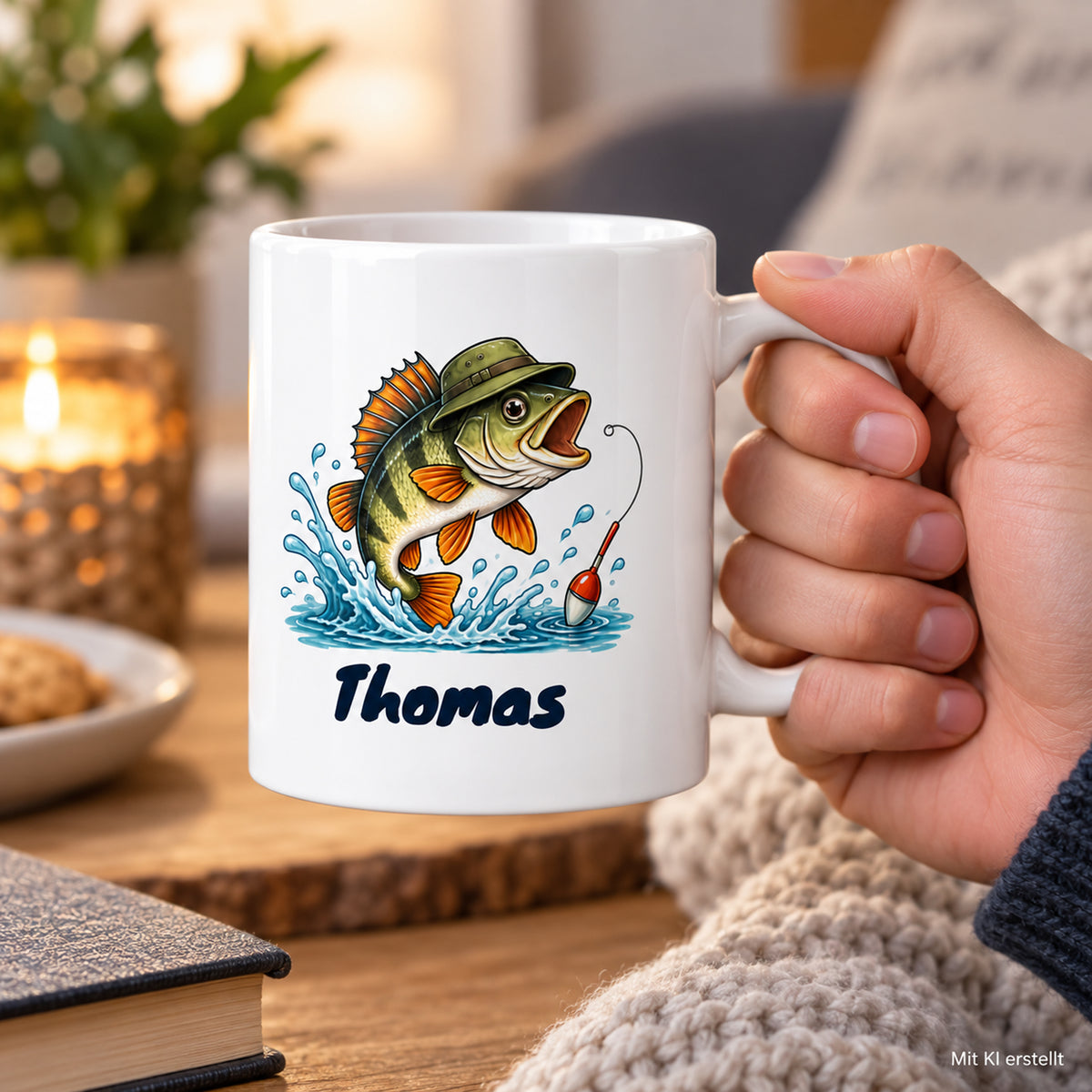 Angler-Tasse mit Namen – Bin angeln. Probleme bitte später. – Größenvergleich in der Hand – Mit KI erstellt