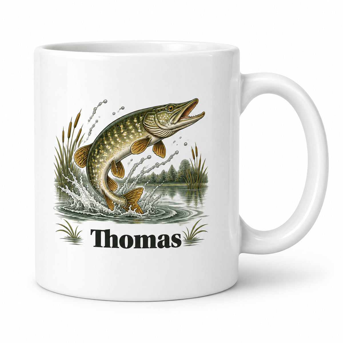 Angler-Tasse mit Namen – Hecht gehabt! – Motivseite mit Beispielname Thomas