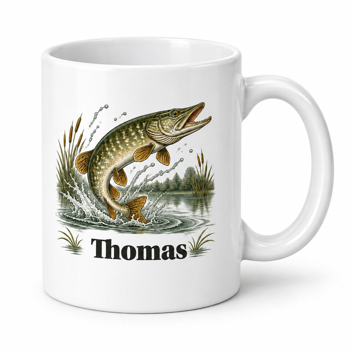 Angler-Tasse mit Namen – Hecht gehabt! – Dreiviertelansicht