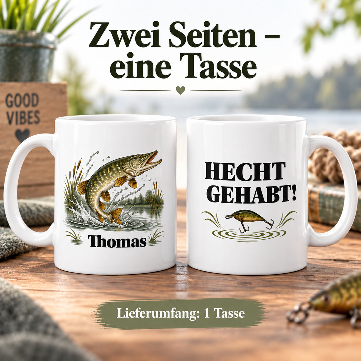 Angler-Tasse mit Namen – Hecht gehabt! – Zwei Seiten – Lieferumfang eine Tasse