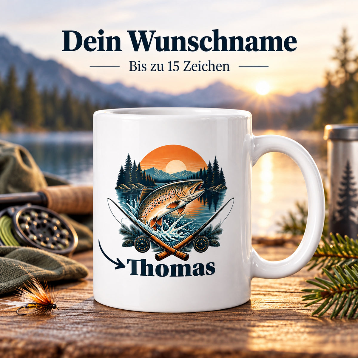 Angler-Tasse mit Namen – Angeln. Abschalten. Glücklich sein. – Personalisierung mit Wunschname bis zu 15 Zeichen