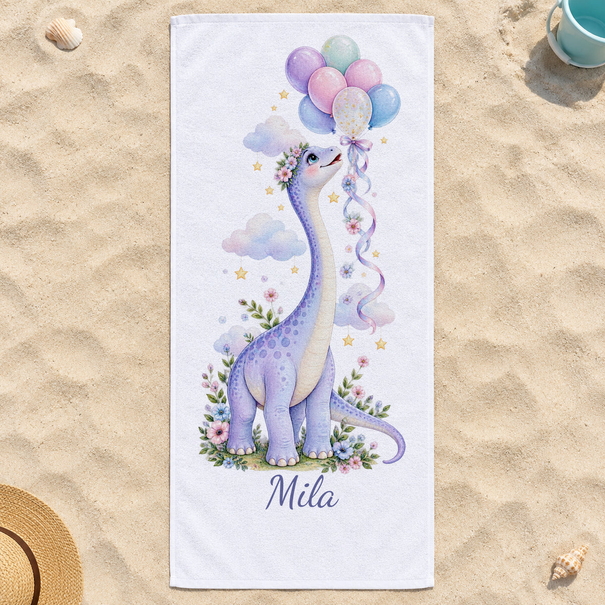 Personalisiertes Dinosaurier-Handtuch Langhals mit Ballons – am strand