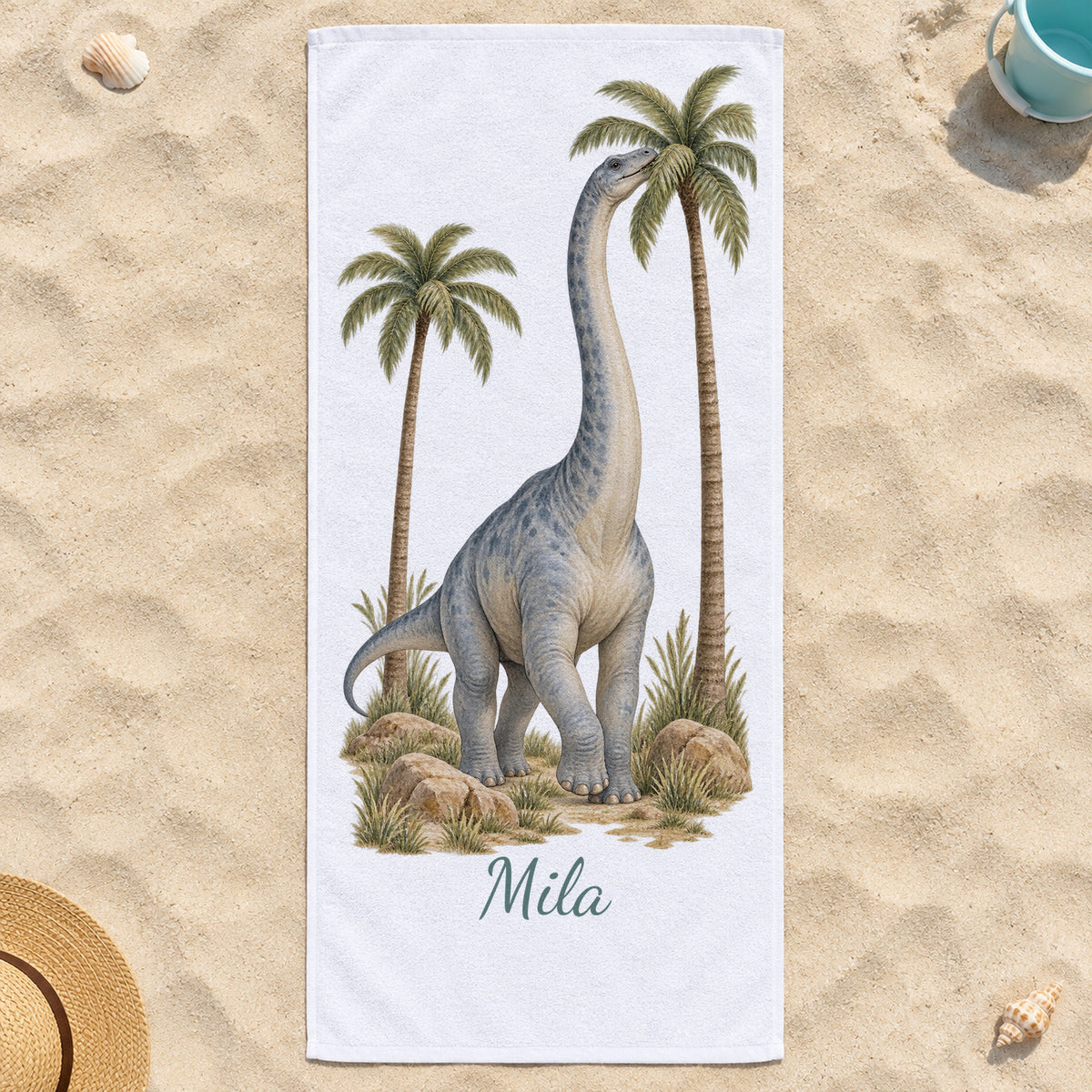 Personalisiertes Dinosaurier-Handtuch Langhals in der Savanne – am strand
