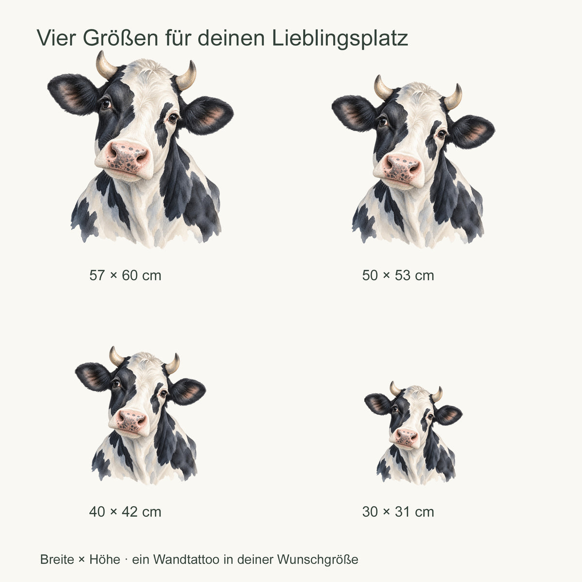 Wandtattoo Kuh in Aquarell – Schwarzbunte Kuh – Vier Größen im Vergleich