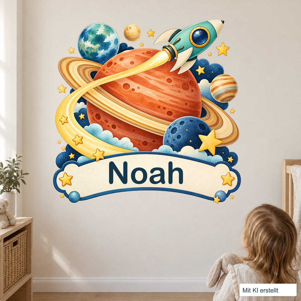 Personalisiertes Wandtattoo Weltall Planetenreise – Wohnszene mit Person