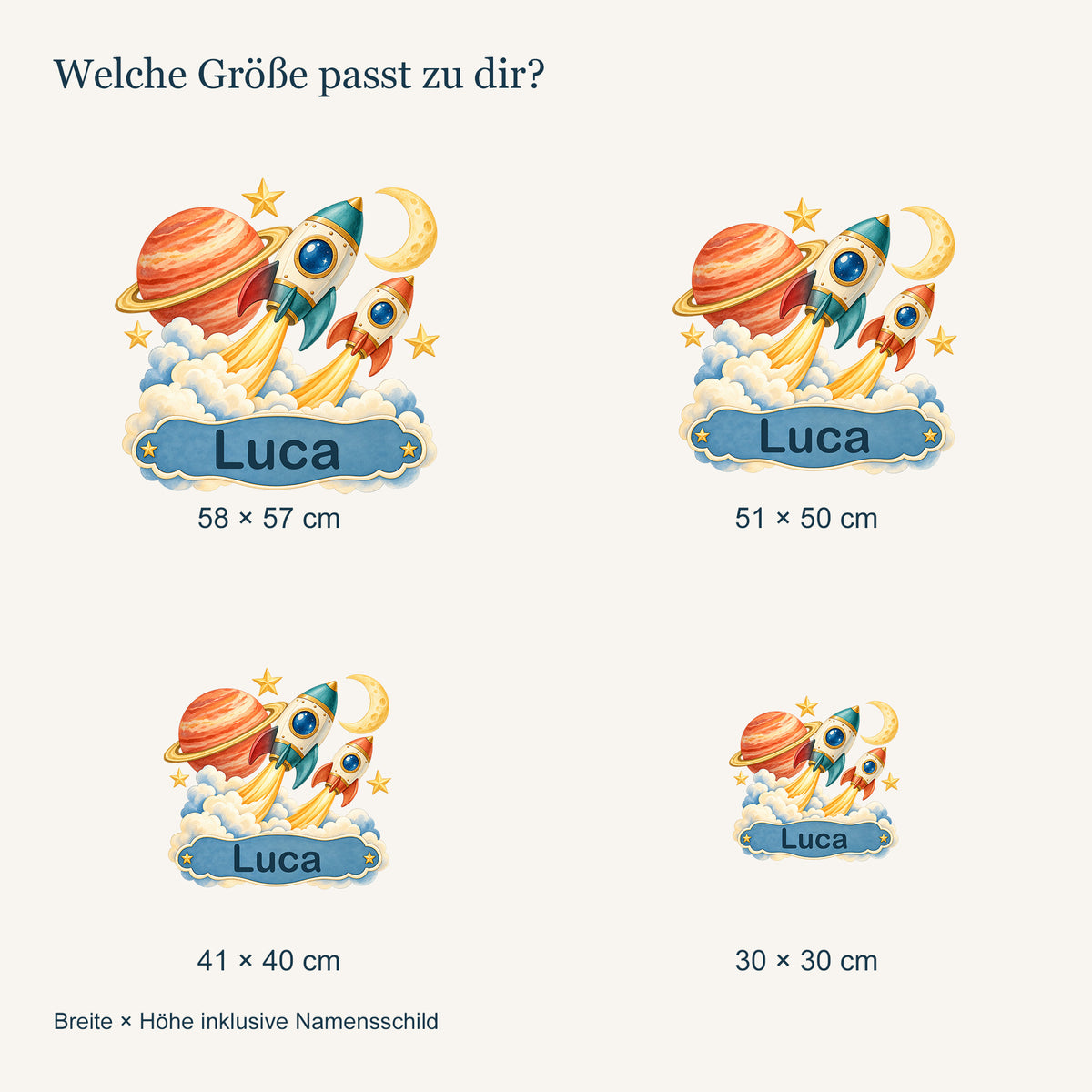 Personalisiertes Wandtattoo Weltall Galaxieexpress – Vergleich der vier Größen