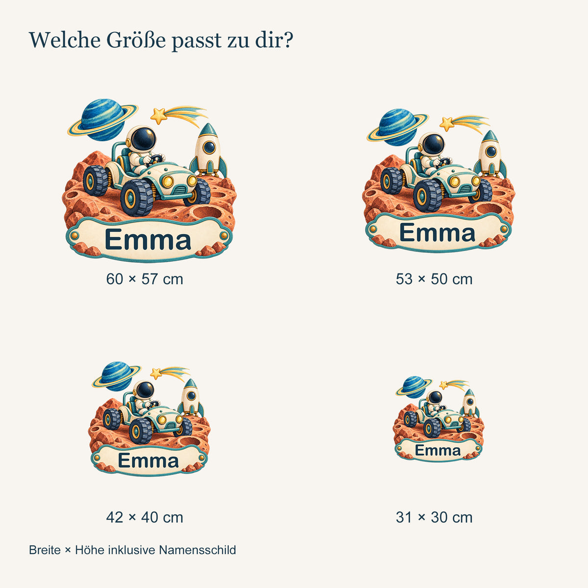 Personalisiertes Wandtattoo Weltall Mondentdecker – Vergleich der vier Größen