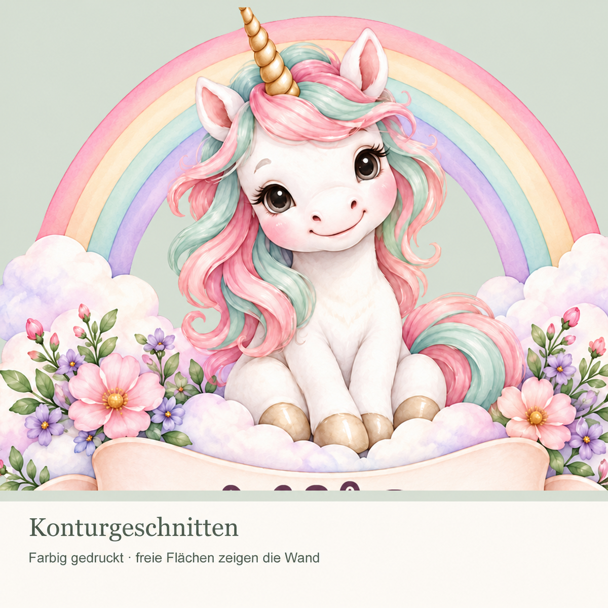Personalisiertes Einhorn-Wandtattoo Regenbogenzauber mit Beispielname Mila: Konturdetails mit ausgeschnittenen Freiflächen.