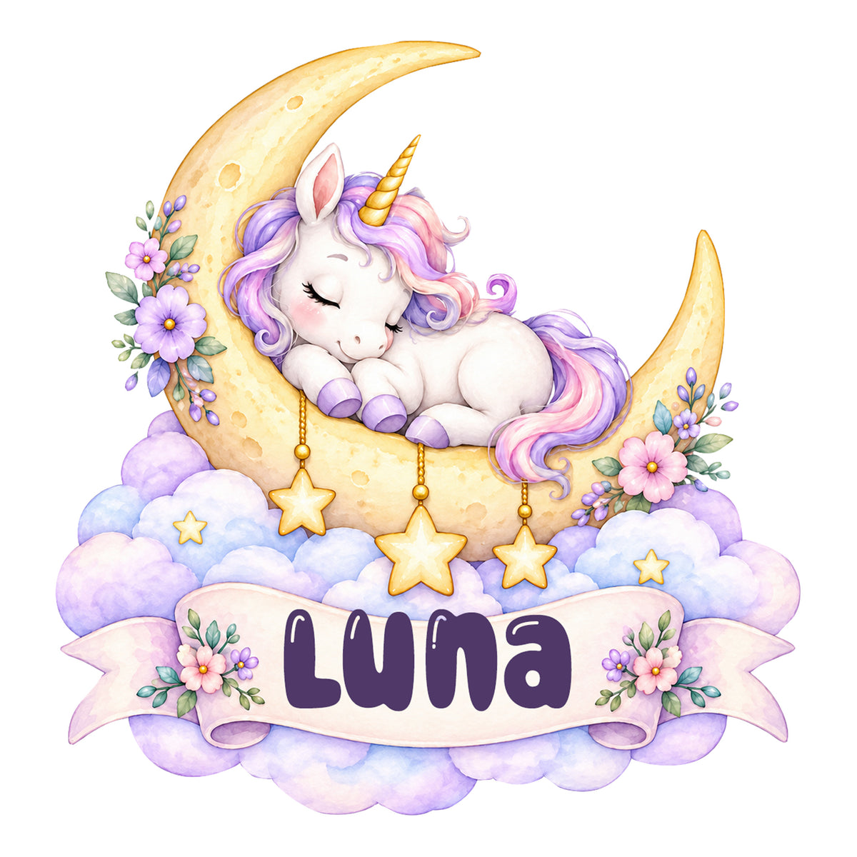 Personalisiertes Einhorn-Wandtattoo Mondträumchen mit Beispielname Luna: vollständiges Motiv auf hellem Hintergrund.
