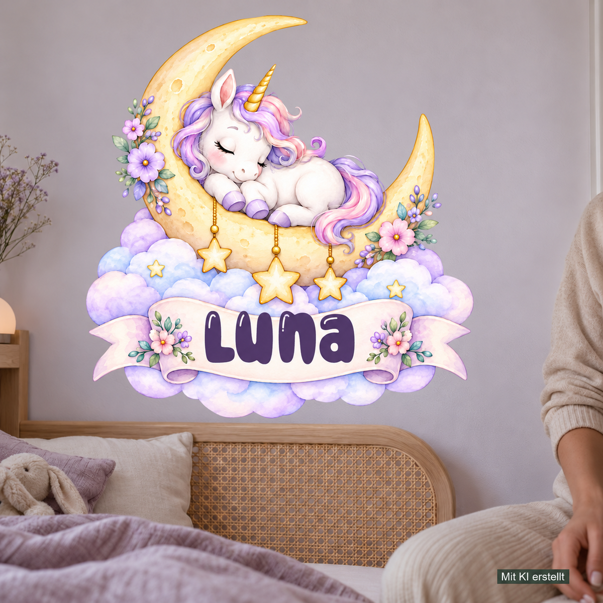 Personalisiertes Einhorn-Wandtattoo Mondträumchen mit Beispielname Luna: Wohnszene mit Person, mit KI erstellt.