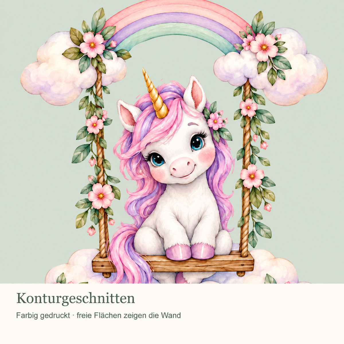 Personalisiertes Einhorn-Wandtattoo Wolkenschaukel mit Beispielname Leni: Konturdetails mit ausgeschnittenen Freiflächen.