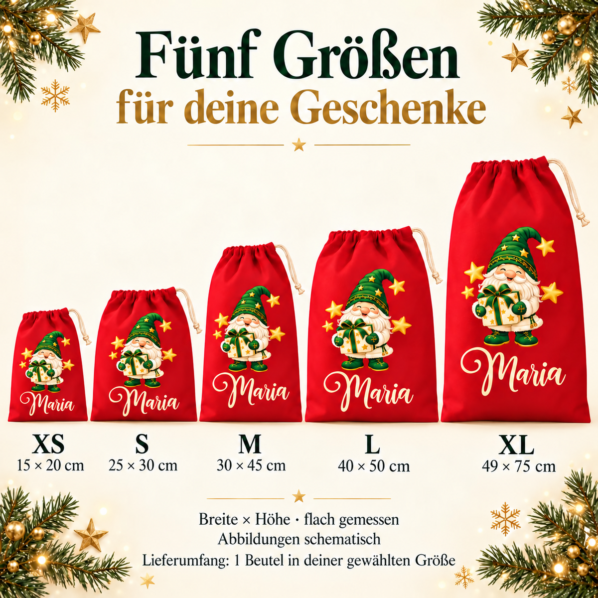Größenübersicht roter Wichtelbeutel von XS 15 × 20 cm bis XL 49 × 75 cm.