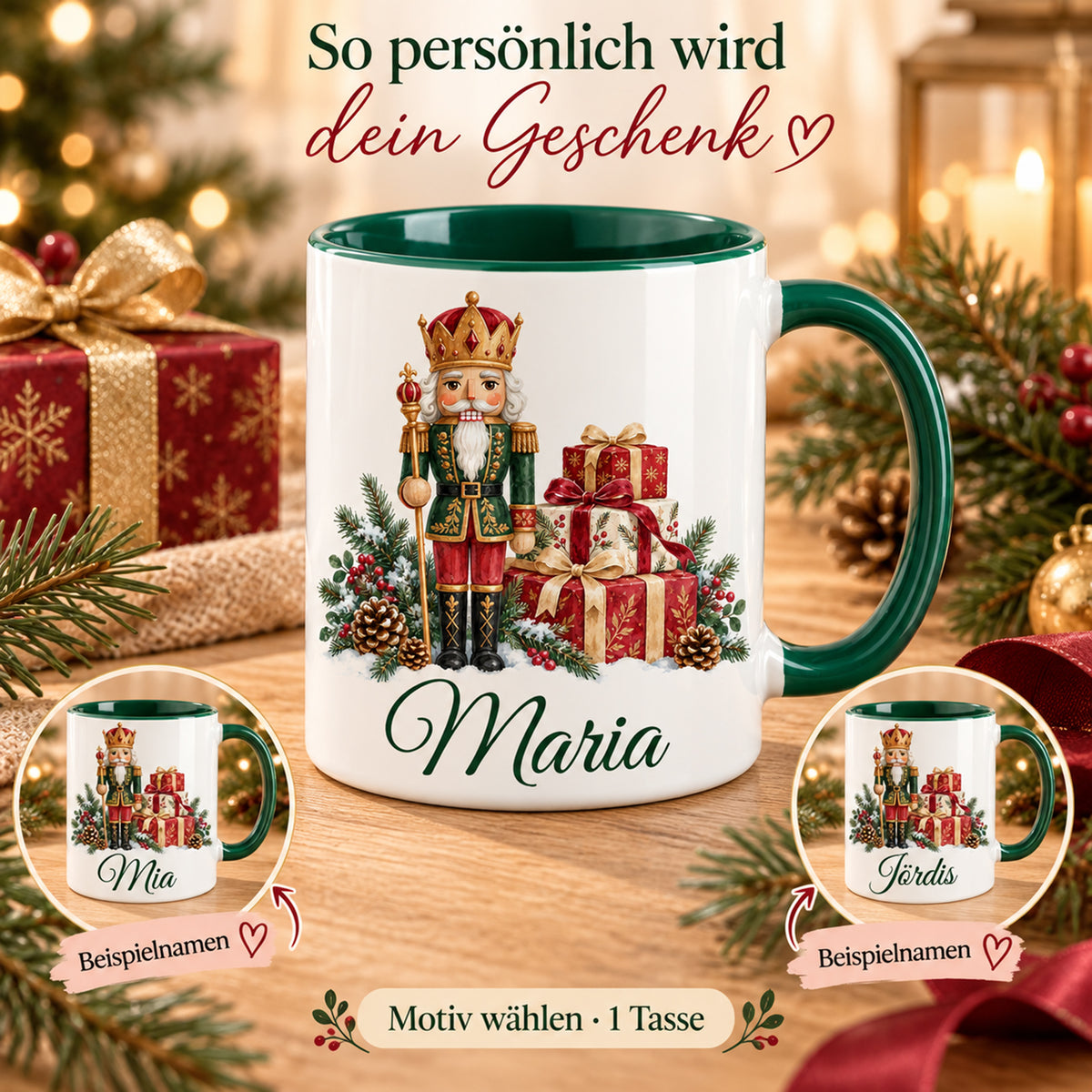 Weiße Keramiktasse mit grünem Henkel und grüner Innenseite, Motiv König mit Geschenken und Wunschname mit zwei zusätzlichen Detailansichten als Namensbeispiele; Motiv wählen, geliefert wird eine Tasse.