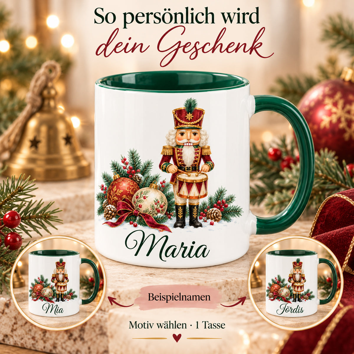 Weiße Keramiktasse mit grünem Henkel und grüner Innenseite, Motiv Festlicher Trommler und Wunschname mit zwei zusätzlichen Detailansichten als Namensbeispiele; Motiv wählen, geliefert wird eine Tasse.