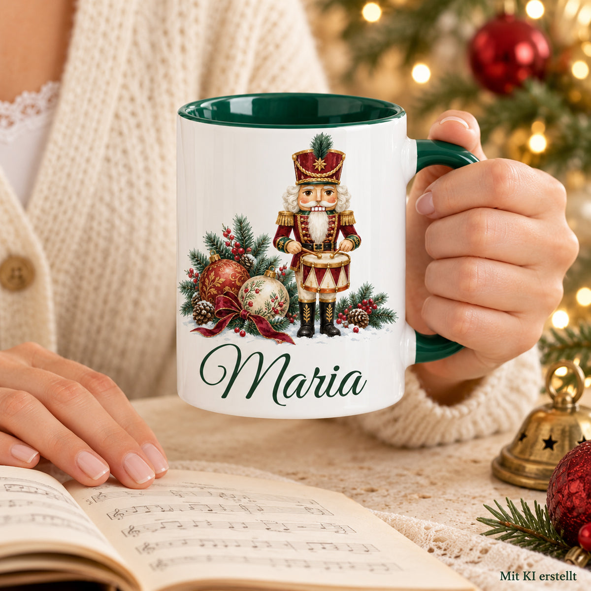 Weiße Keramiktasse mit grünem Henkel und grüner Innenseite, Motiv Festlicher Trommler und Wunschname in Händen in einer winterlichen Alltagsszene; Bild mit KI erstellt.