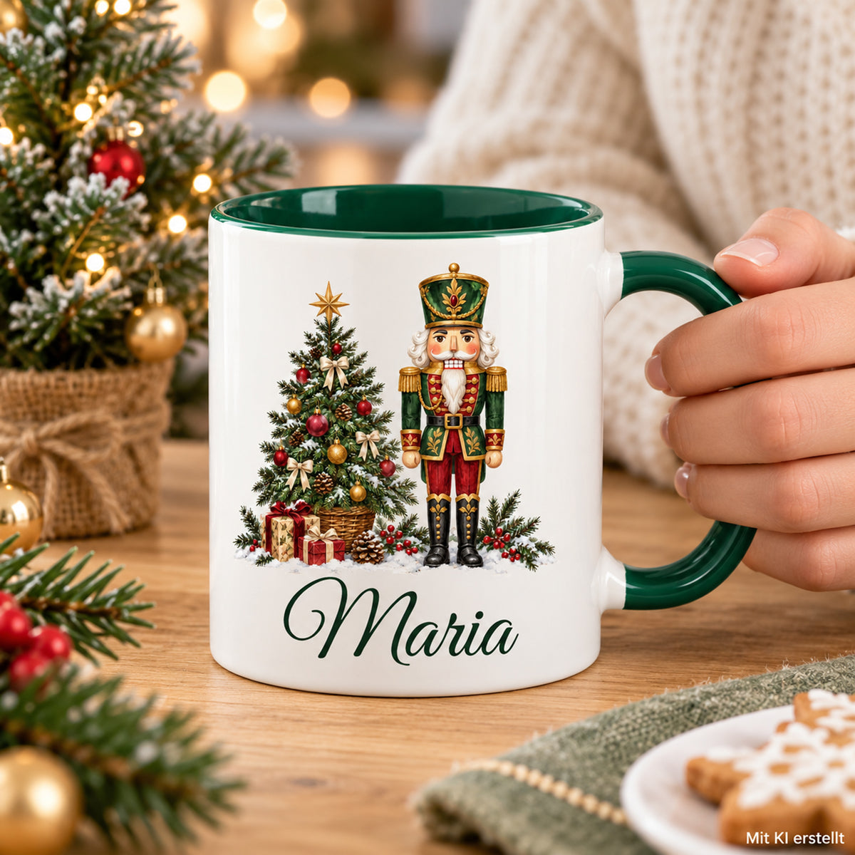 Weiße Keramiktasse mit grünem Henkel und grüner Innenseite, Motiv Tannenbaumwächter und Wunschname in Händen in einer winterlichen Alltagsszene; Bild mit KI erstellt.