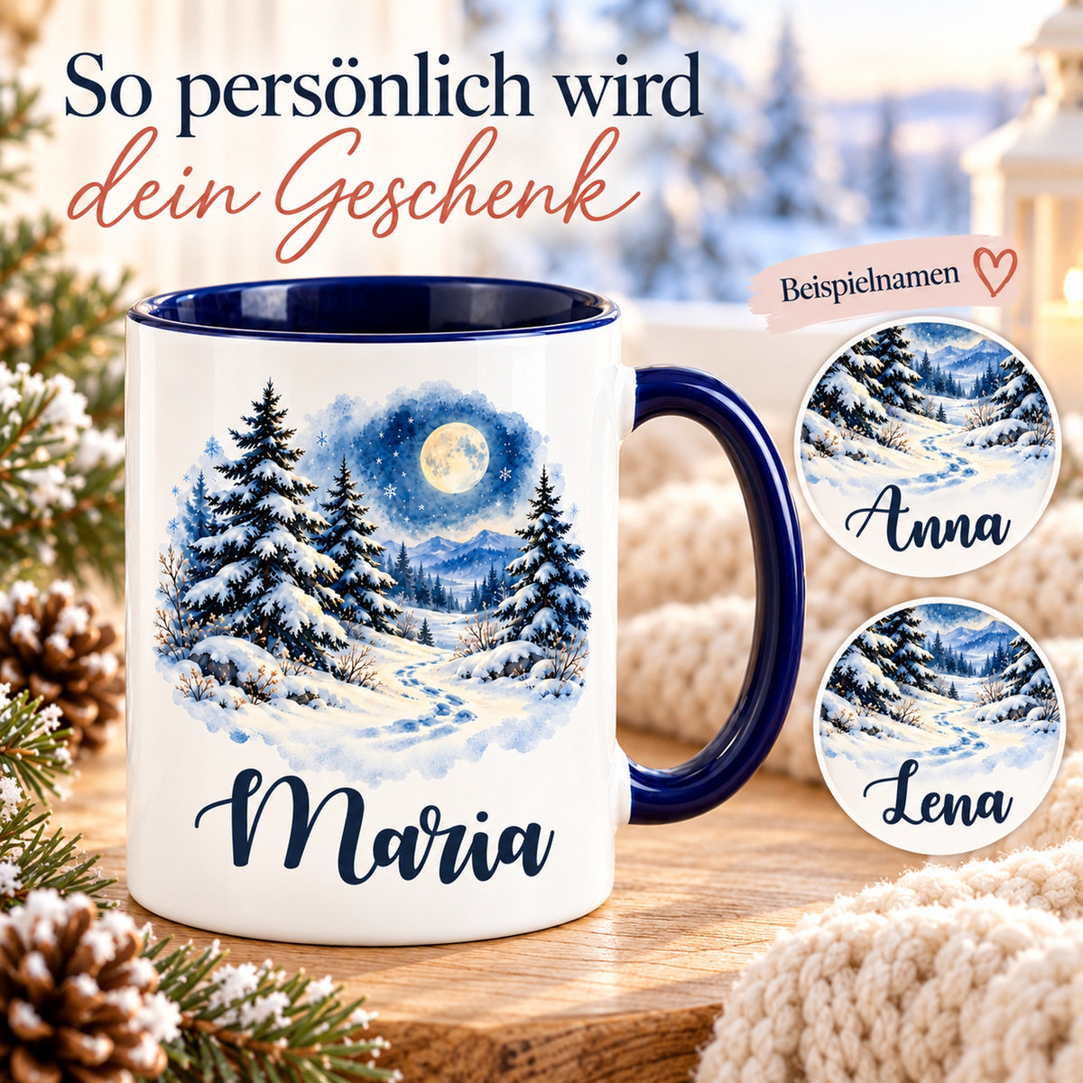 Weiße Keramiktasse mit dunkelblauem Henkel, Mondscheinwald und Wunschname mit verschiedenen Beispielnamen zur Personalisierung