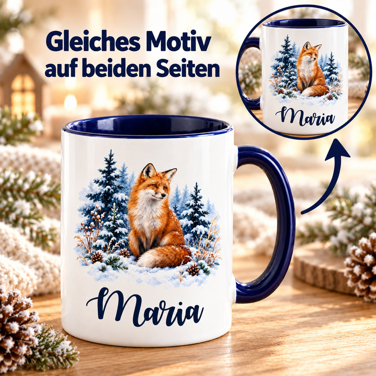 Weiße Keramiktasse mit dunkelblauem Henkel, Winterfuchs und Wunschname mit Detailansicht des gleichen Drucks auf beiden Seiten