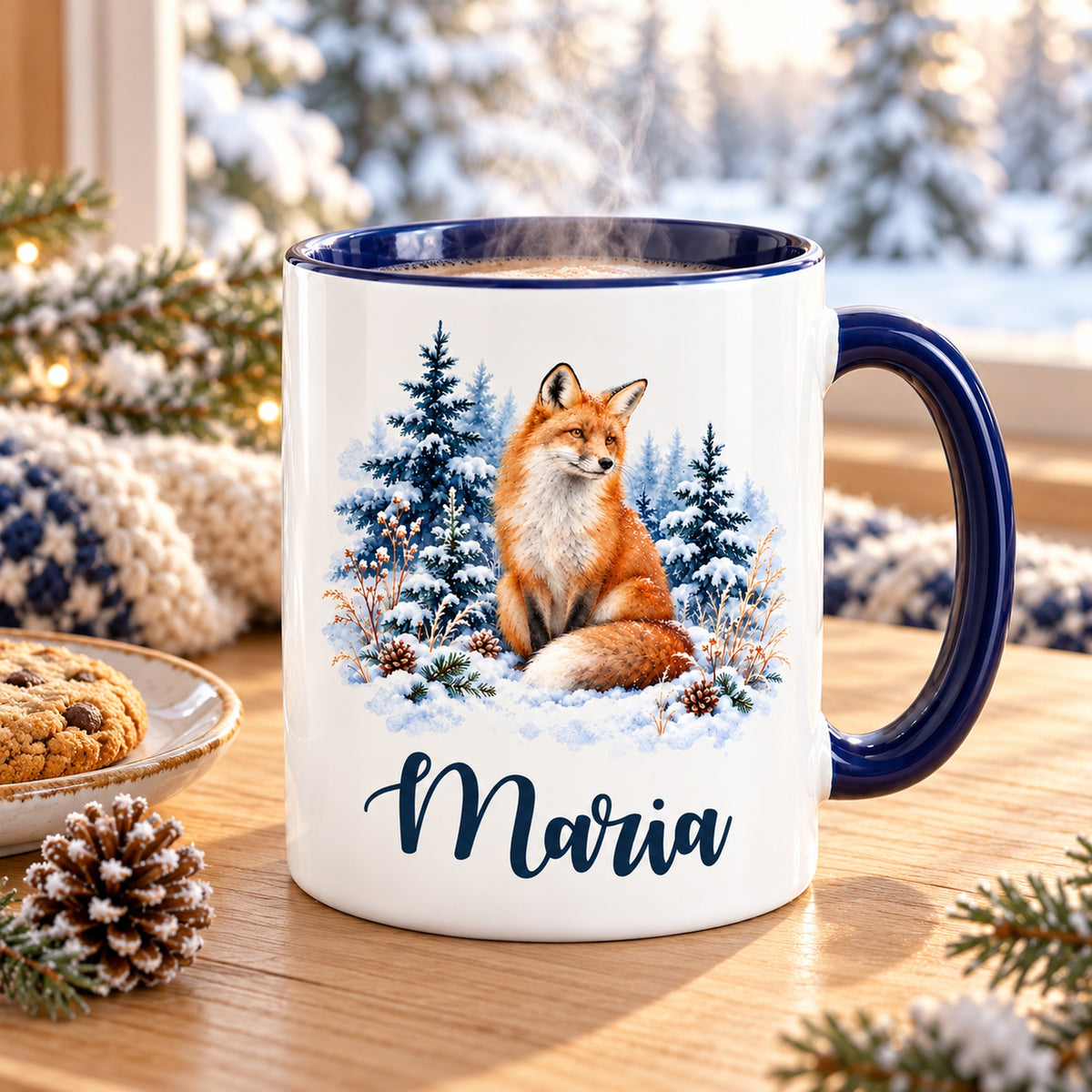 Weiße Keramiktasse mit dunkelblauem Henkel, Winterfuchs und Wunschname in einer gemütlichen Winterszene