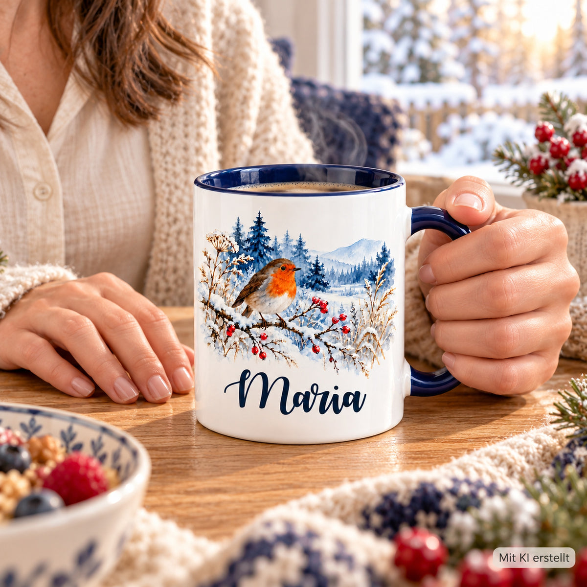 Weiße Keramiktasse mit dunkelblauem Henkel, Rotkehlchen im Schnee und Wunschname in der Hand einer Person