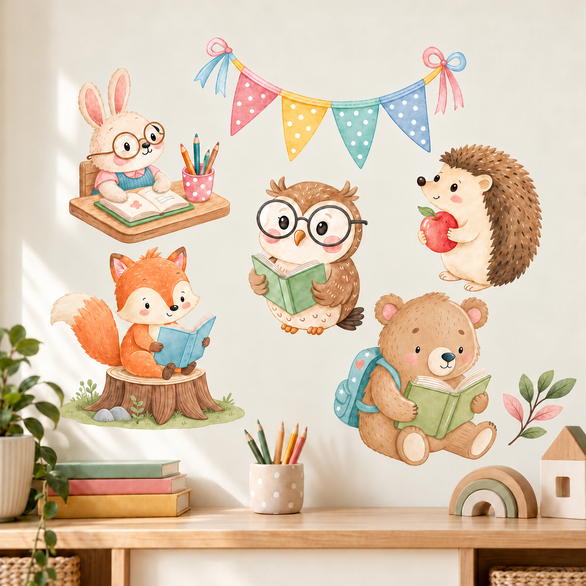 Wandtattoo-Set mit lesenden Waldtieren, Hase am Schreibtisch, Eule, Igel, Fuchs und Bär über einem Holztisch im Kinderzimmer.